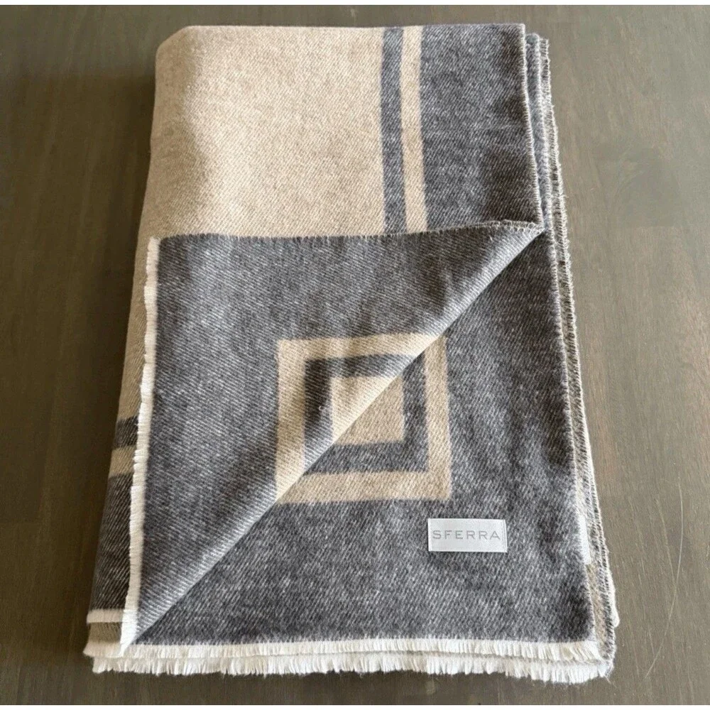 Sferra Fine Linens Viletta Throw Blanket Gray Tan 53x78 Cashmere Wool Cotton Bld